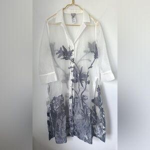 Chico's White Sheer Long Floral Button-Front Trench